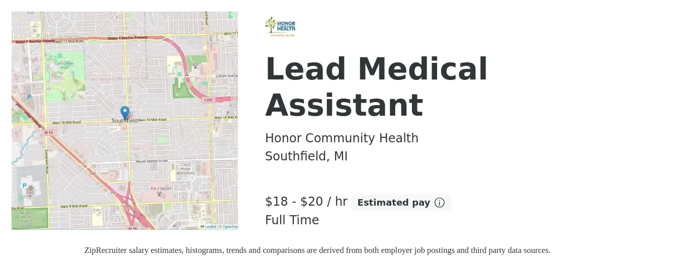 Honor Community Health job posting for a Lead Medical Assistant in Southfield, MI with a salary of $16 to $21 Hourly with a map of Southfield location.