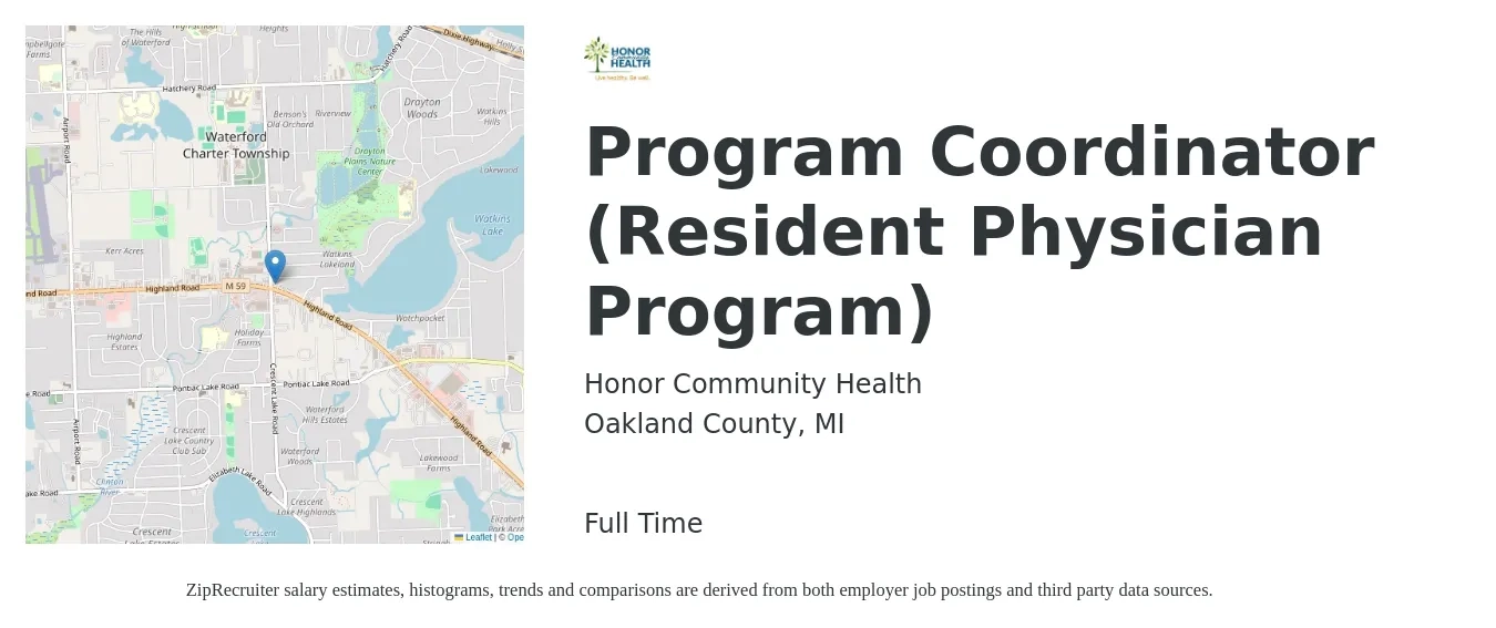 Honor Community Health job posting for a Program Coordinator (Resident Physician Program) in Oakland County, MI with a salary of $227,900 to $281,200 Yearly with a map of Oakland County location.
