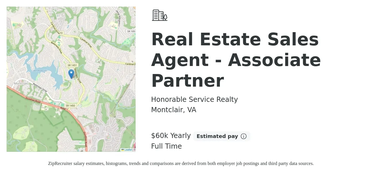 Honorable Service Realty job posting for a Real Estate Sales Agent - Associate Partner in Montclair, VA with a salary of $60,000 Yearly with a map of Montclair location.