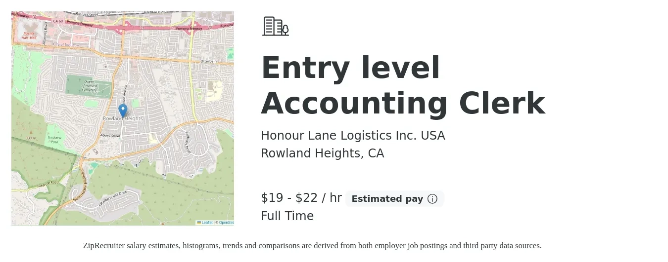 Honour Lane Logistics Inc. USA job posting for a Entry level Accounting Clerk in Rowland Heights, CA with a salary of $20 to $23 Hourly with a map of Rowland Heights location.