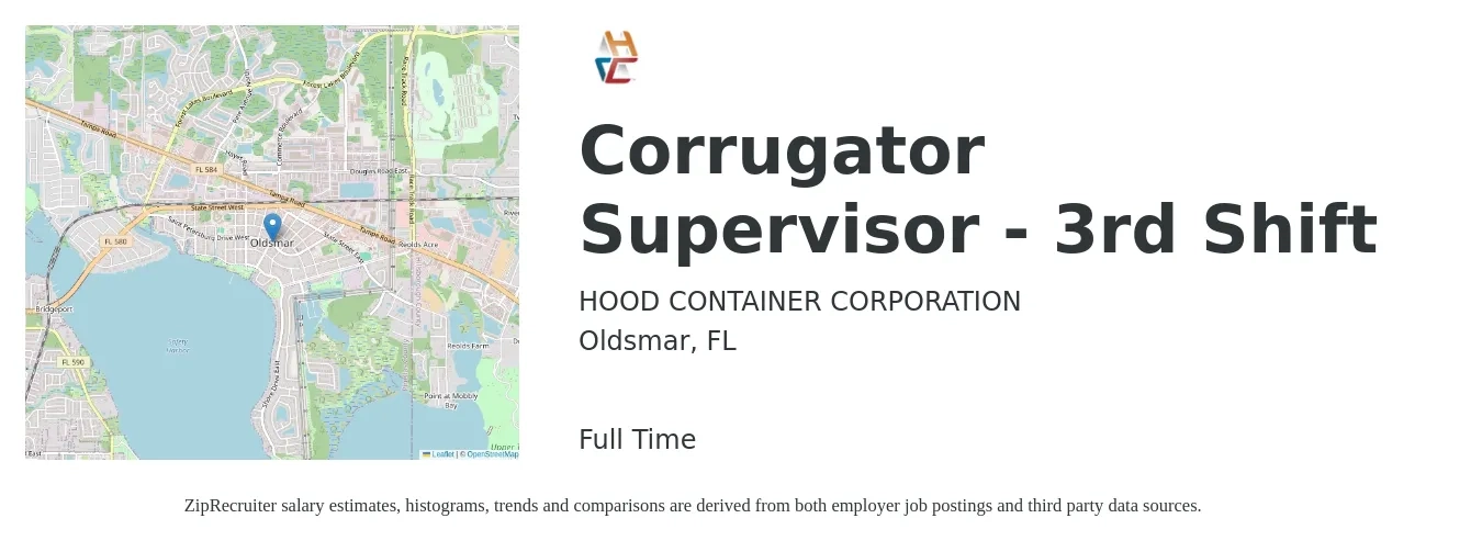 HOOD CONTAINER CORPORATION job posting for a Corrugator Supervisor - 3rd Shift in Oldsmar, FL with a salary of $61,800 to $79,200 Yearly with a map of Oldsmar location.
