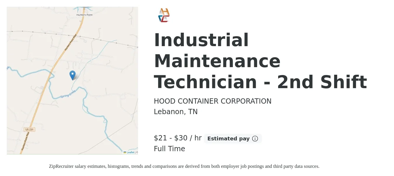 HOOD CONTAINER CORPORATION job posting for a Industrial Maintenance Technician - 2nd Shift in Lebanon, TN with a salary of $22 to $32 Hourly with a map of Lebanon location.