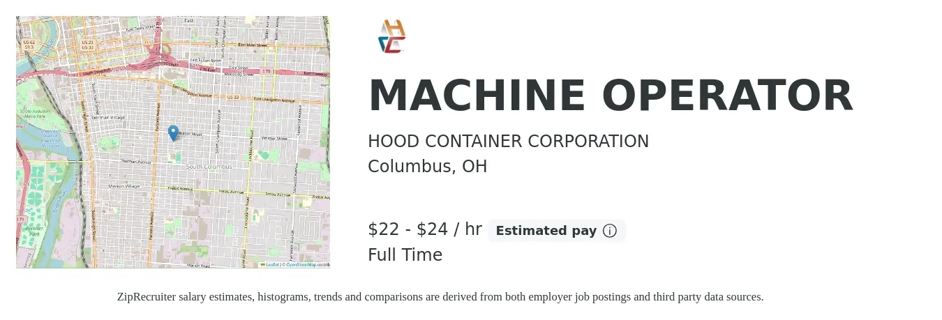HOOD CONTAINER CORPORATION job posting for a MACHINE OPERATOR in Columbus, OH with a salary of $23 to $25 Hourly with a map of Columbus location.