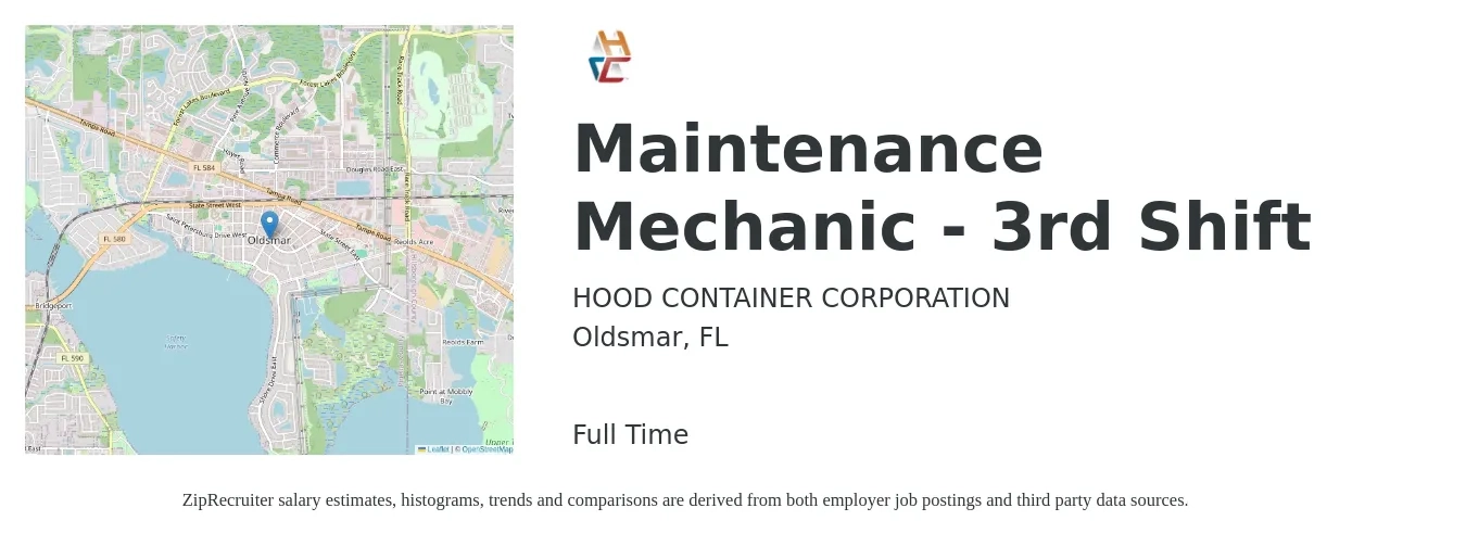 HOOD CONTAINER CORPORATION job posting for a Maintenance Mechanic - 3rd Shift in Oldsmar, FL with a salary of $23 to $29 Hourly with a map of Oldsmar location.