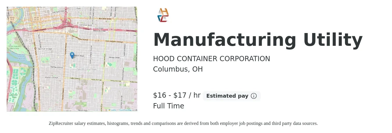 HOOD CONTAINER CORPORATION job posting for a Manufacturing Utility in Columbus, OH with a salary of $17 to $18 Hourly with a map of Columbus location.