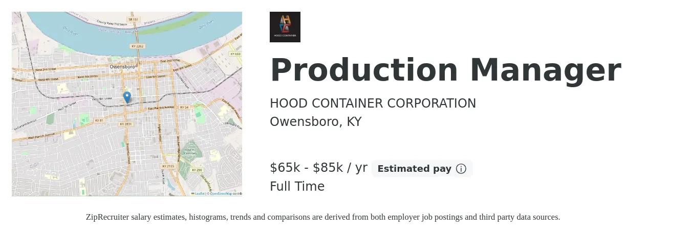 HOOD CONTAINER CORPORATION job posting for a Production Manager in Owensboro, KY with a salary of $65,000 to $85,000 Yearly with a map of Owensboro location.