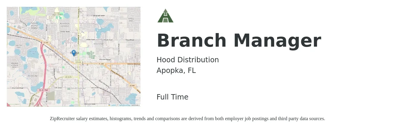 Hood Distribution job posting for a Branch Manager in Apopka, FL with a salary of $50,000 to $75,400 Yearly with a map of Apopka location.
