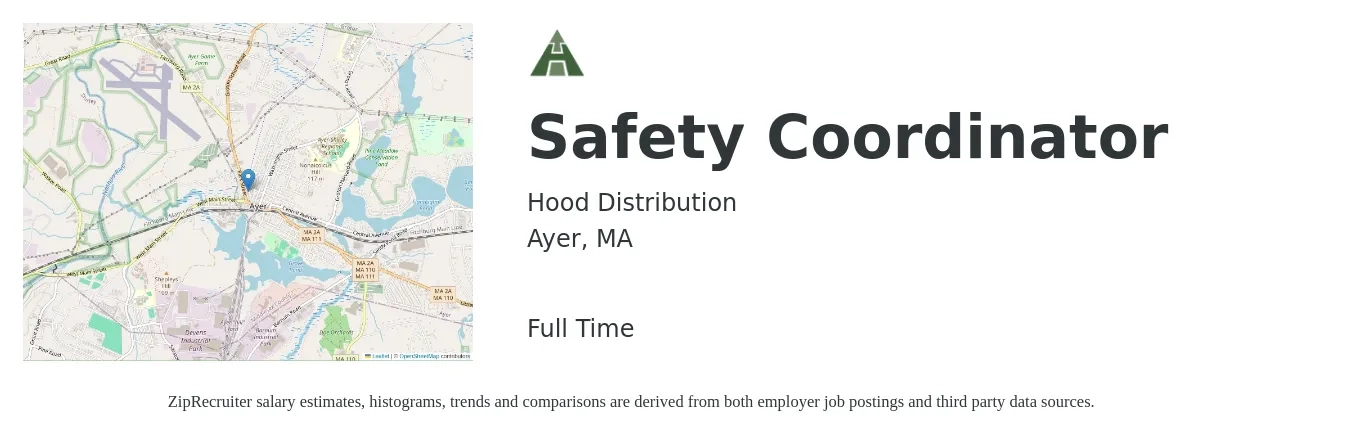 Hood Distribution job posting for a Safety Coordinator in Ayer, MA with a salary of $27 to $42 Hourly with a map of Ayer location.