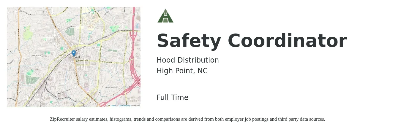 Hood Distribution job posting for a Safety Coordinator in High Point, NC with a salary of $22 to $33 Hourly with a map of High Point location.