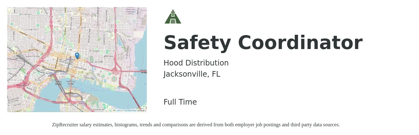 Hood Distribution job posting for a Safety Coordinator in Jacksonville, FL with a salary of $22 to $34 Hourly with a map of Jacksonville location.