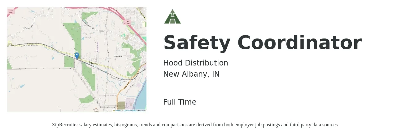 Hood Distribution job posting for a Safety Coordinator in New Albany, IN with a salary of $22 to $34 Hourly with a map of New Albany location.