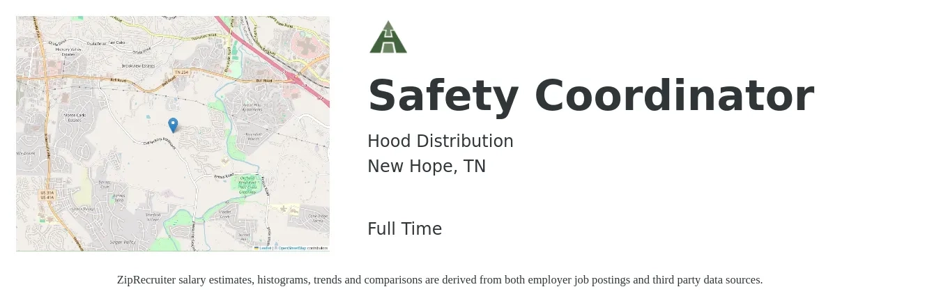 Hood Distribution job posting for a Safety Coordinator in New Hope, TN with a salary of $23 to $36 Hourly with a map of New Hope location.