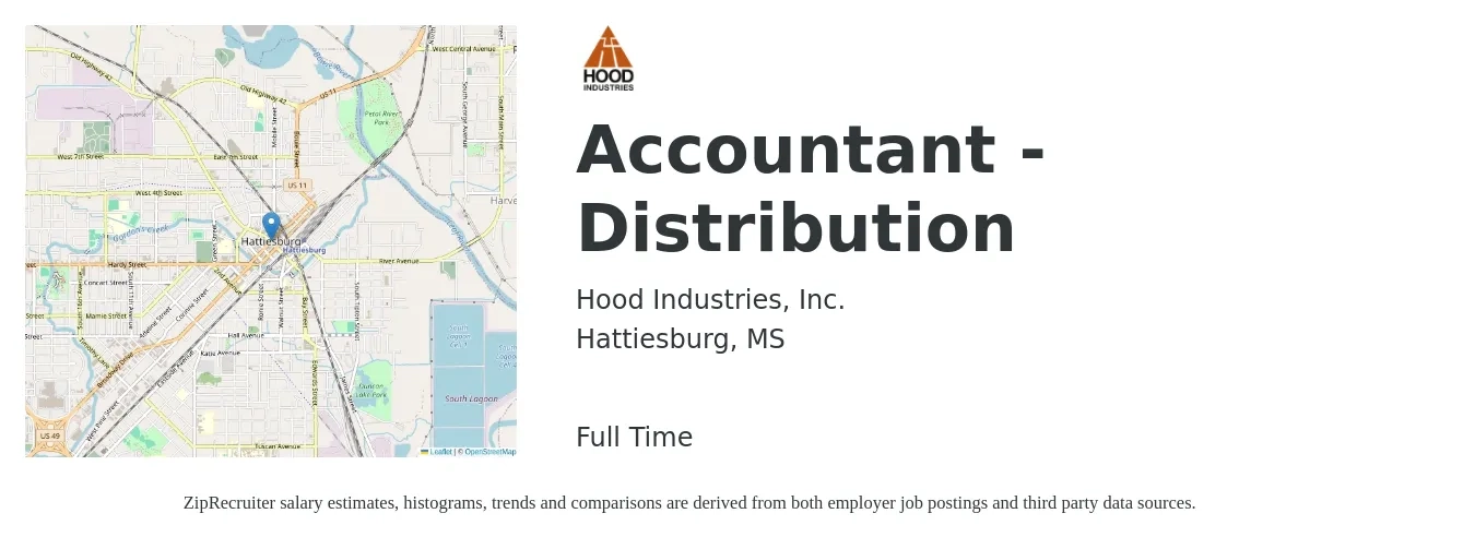 Hood Industries, Inc. job posting for a Accountant - Distribution in Hattiesburg, MS with a salary of $52,600 to $77,100 Yearly with a map of Hattiesburg location.