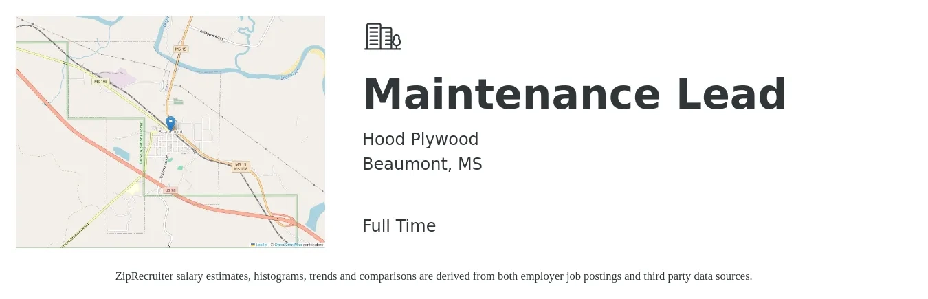 Hood Plywood job posting for a Maintenance Lead in Beaumont, MS with a salary of $20 to $34 Hourly with a map of Beaumont location.