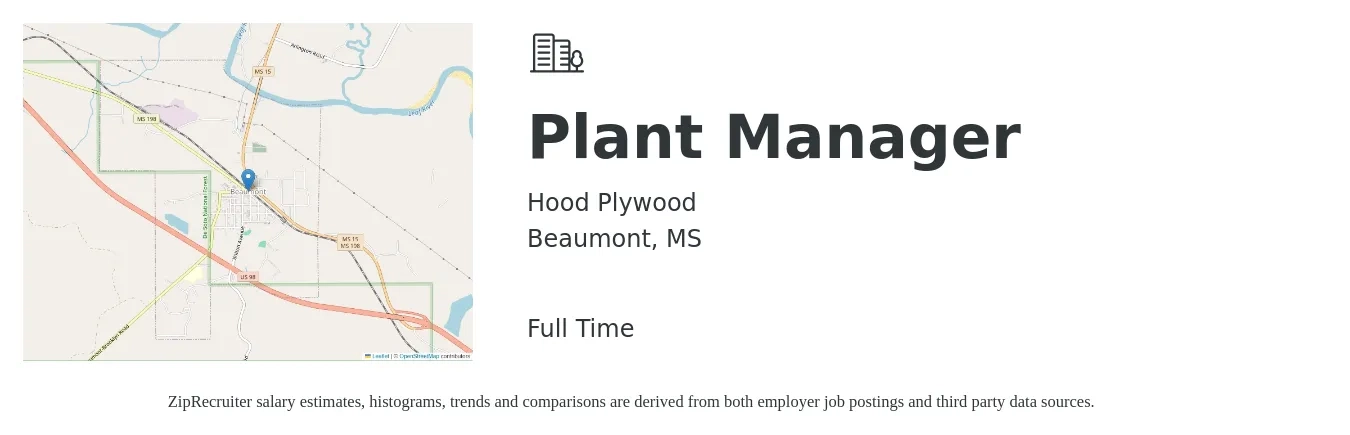 Hood Plywood job posting for a Plant Manager in Beaumont, MS with a salary of $77,800 to $120,100 Yearly with a map of Beaumont location.