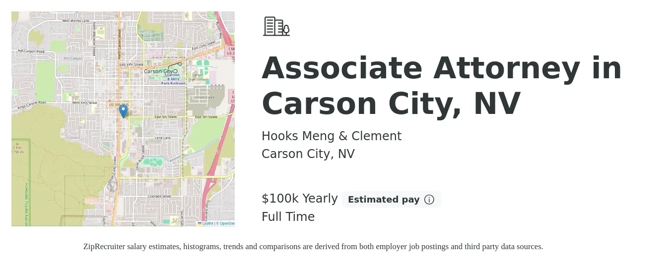 Hooks Meng & Clement job posting for a Associate Attorney In Carson City, Nv in Carson City, NV with a salary of $100,000 Yearly with a map of Carson City location.