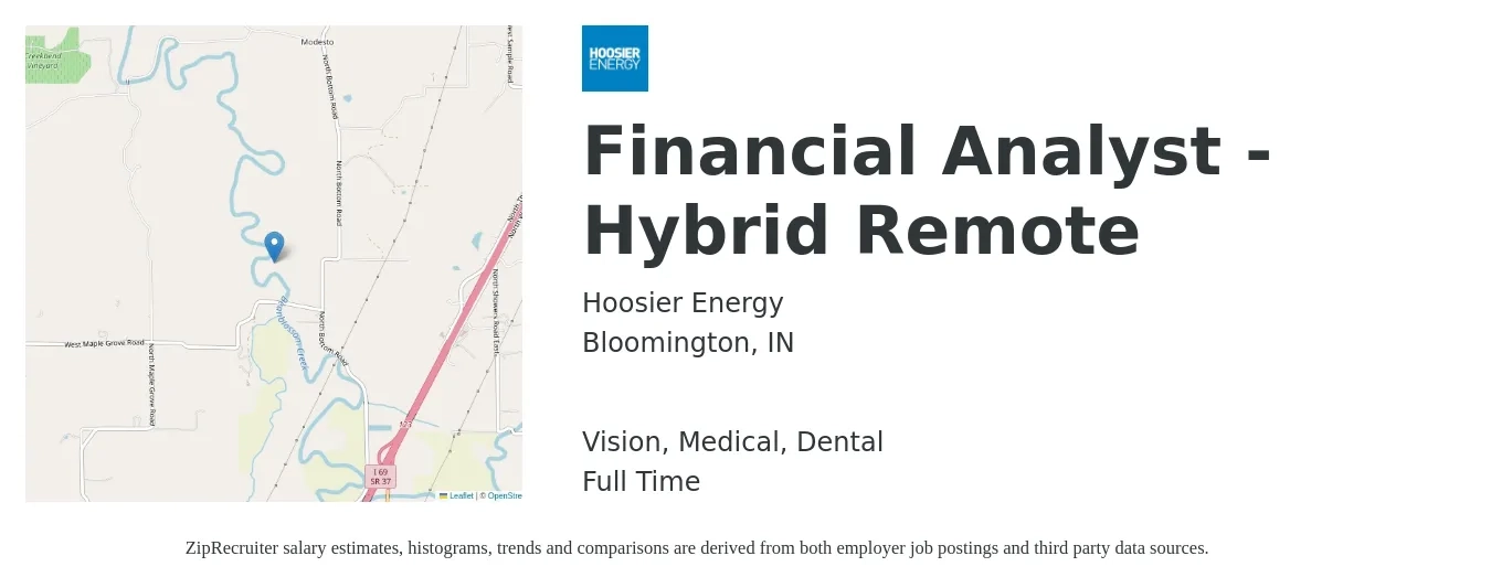Hoosier Energy job posting for a Financial Analyst - Hybrid Remote in Bloomington, IN with a salary of $64,800 to $102,200 Yearly and benefits including dental, life_insurance, medical, pto, retirement, and vision with a map of Bloomington location.