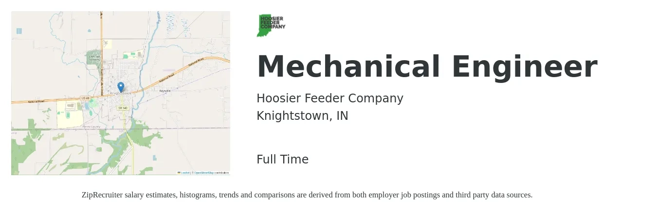 Hoosier Feeder Company job posting for a Mechanical Engineer in Knightstown, IN with a salary of $75,500 to $117,100 Yearly with a map of Knightstown location.