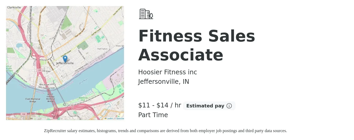 Hoosier Fitness inc job posting for a Fitness Sales Associate in Jeffersonville, IN with a salary of $12 to $15 Hourly with a map of Jeffersonville location.
