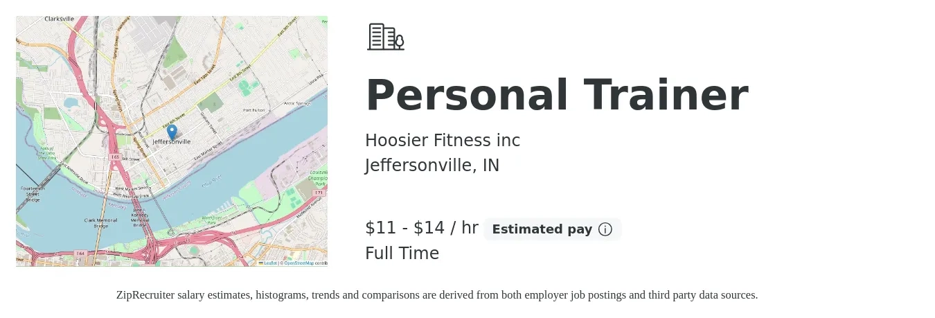 Hoosier Fitness inc job posting for a Personal Trainer in Jeffersonville, IN with a salary of $12 to $15 Hourly with a map of Jeffersonville location.