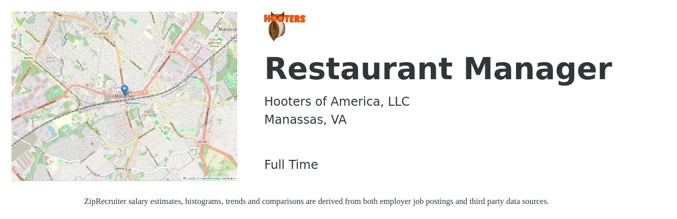 Hooters of America, LLC job posting for a Restaurant Manager in Manassas, VA with a salary of $45,000 to $63,500 Yearly with a map of Manassas location.