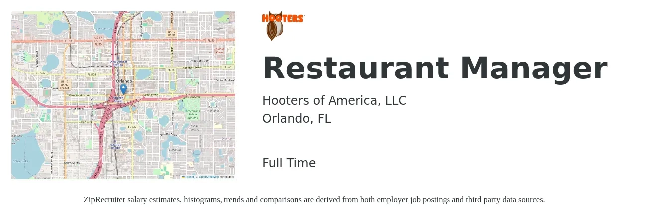 Hooters of America, LLC job posting for a Restaurant Manager in Orlando, FL with a salary of $42,000 to $59,300 Yearly with a map of Orlando location.