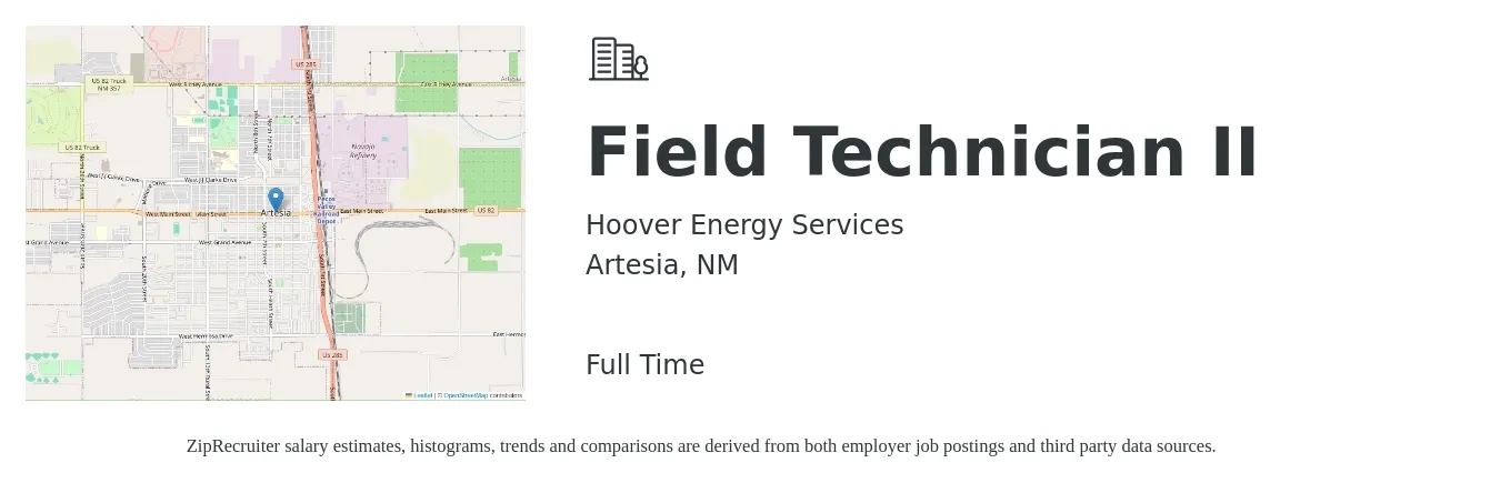 Hoover Energy Services job posting for a Field Technician II in Artesia, NM with a salary of $18 to $26 Hourly with a map of Artesia location.