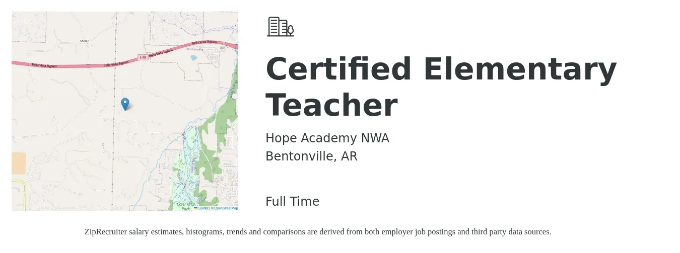 Hope Academy NWA job posting for a Certified Elementary Teacher in Bentonville, AR with a salary of $39,200 to $52,900 Yearly with a map of Bentonville location.
