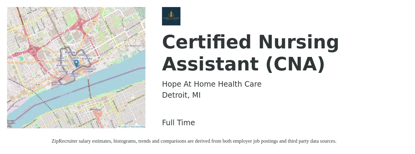 Hope At Home Health Care job posting for a Certified Nursing Assistant (CNA) in Detroit, MI with a salary of $17 to $23 Hourly with a map of Detroit location.