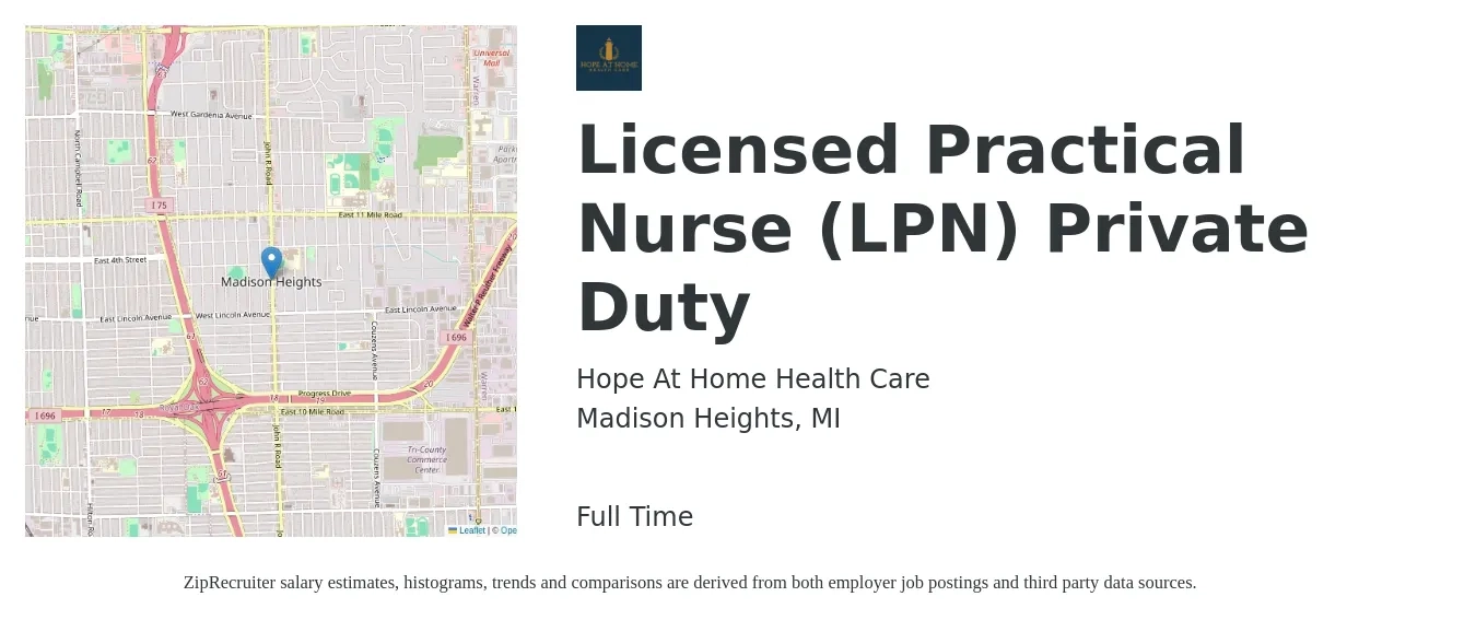 Hope At Home Health Care job posting for a Licensed Practical Nurse (LPN) Private Duty in Madison Heights, MI with a salary of $24 to $32 Hourly with a map of Madison Heights location.
