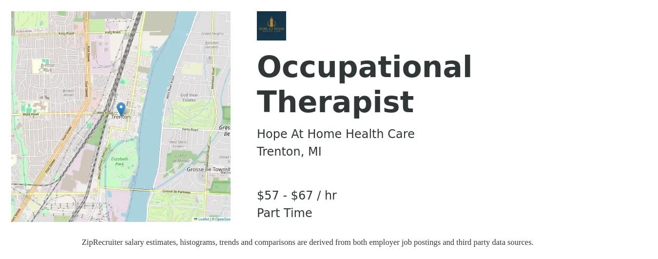 Hope At Home Health Care job posting for a Occupational Therapist in Trenton, MI with a salary of $60 to $70 Hourly with a map of Trenton location.
