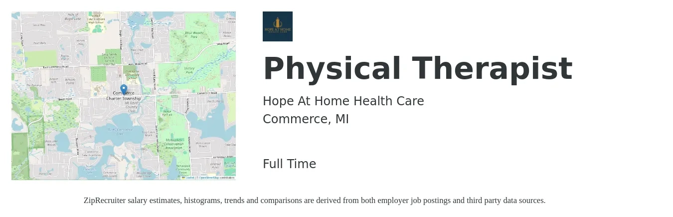 Hope At Home Health Care job posting for a Physical Therapist in Commerce, MI with a salary of $1,490 to $1,930 Weekly with a map of Commerce location.