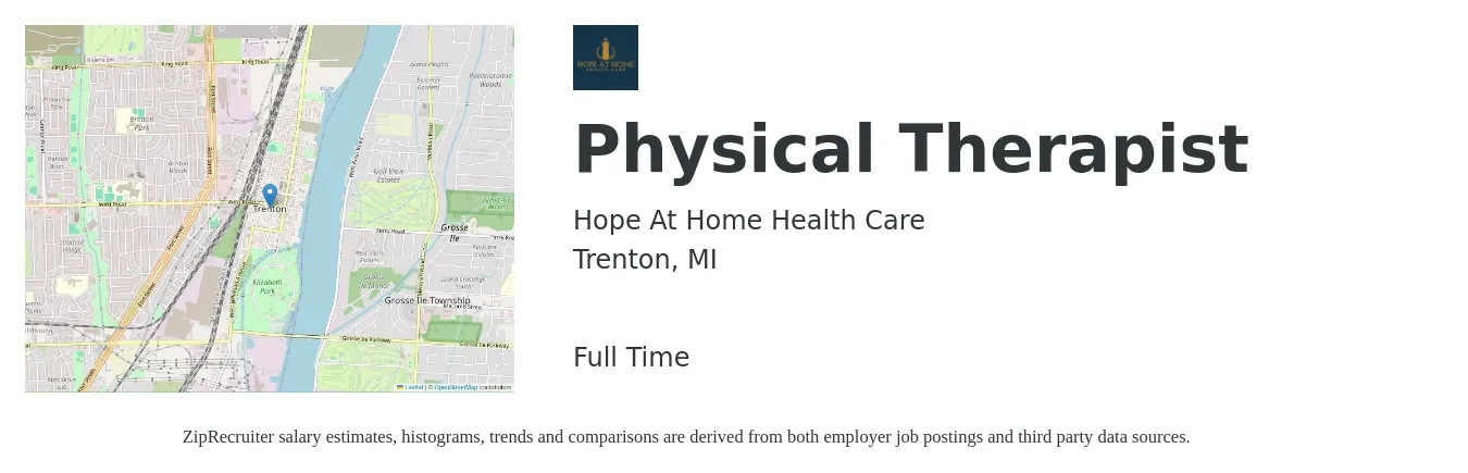 Hope At Home Health Care job posting for a Physical Therapist in Trenton, MI with a salary of $1,500 to $1,940 Weekly with a map of Trenton location.