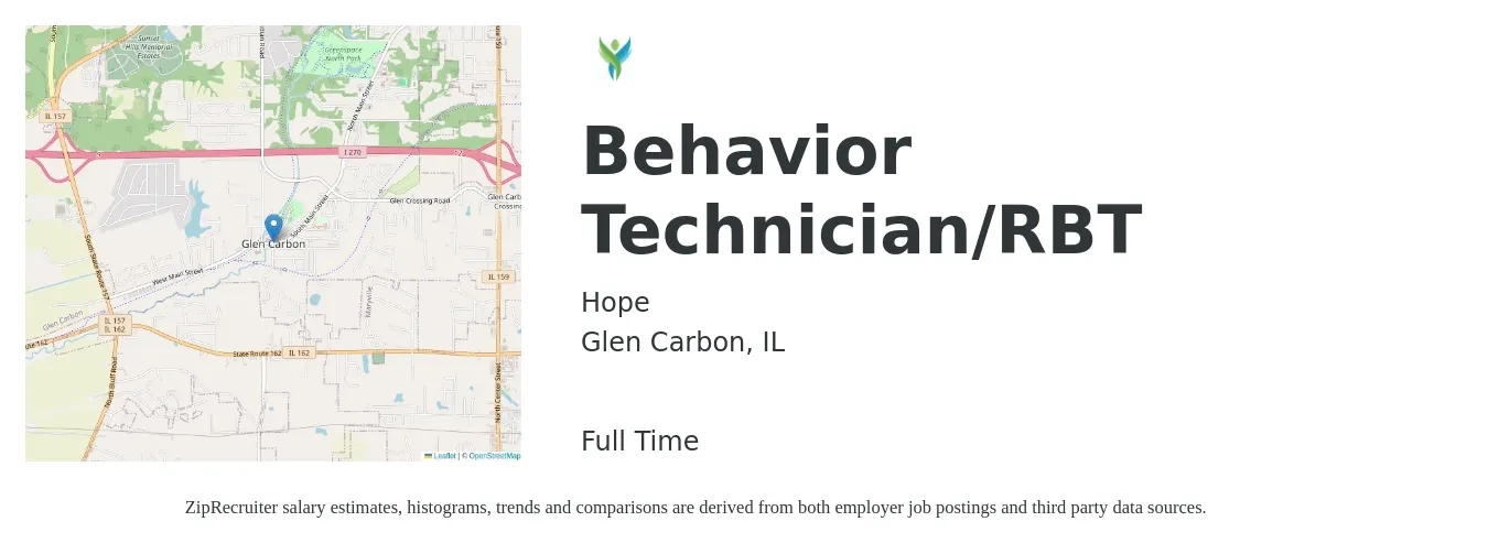 Hope job posting for a Behavior Technician/RBT in Glen Carbon, IL with a salary of $17 to $22 Hourly with a map of Glen Carbon location.