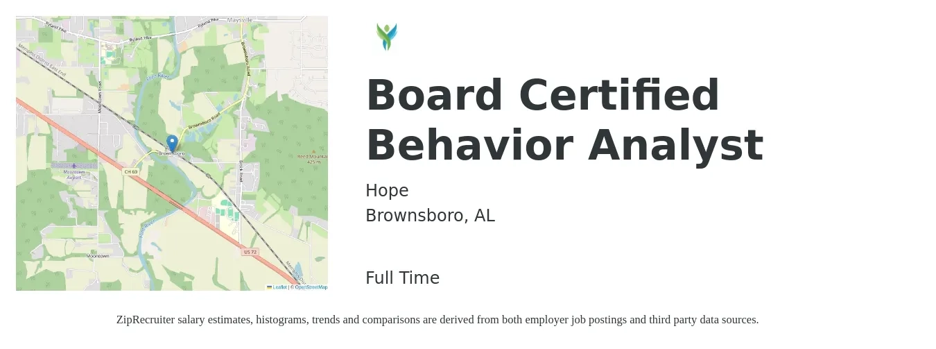 Hope job posting for a Board Certified Behavior Analyst in Brownsboro, AL with a salary of $69,900 to $85,500 Yearly with a map of Brownsboro location.