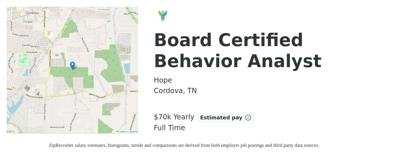 Hope job posting for a Board Certified Behavior Analyst in Cordova, TN with a salary of $70,000 Yearly with a map of Cordova location.