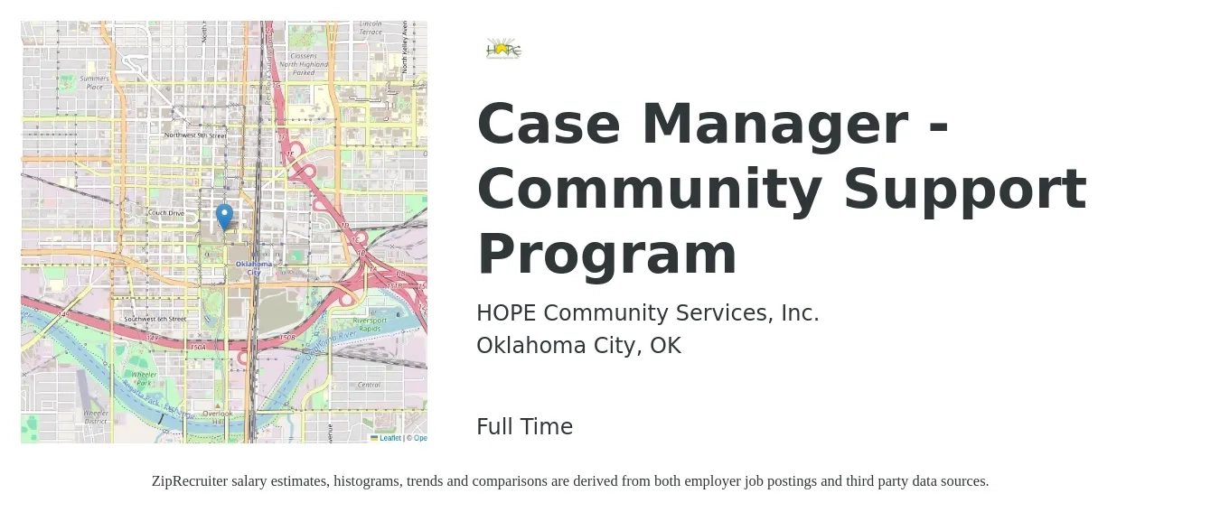 HOPE Community Services, Inc. job posting for a Case Manager - Community Support Program in Oklahoma City, OK with a salary of $18 Hourly with a map of Oklahoma City location.