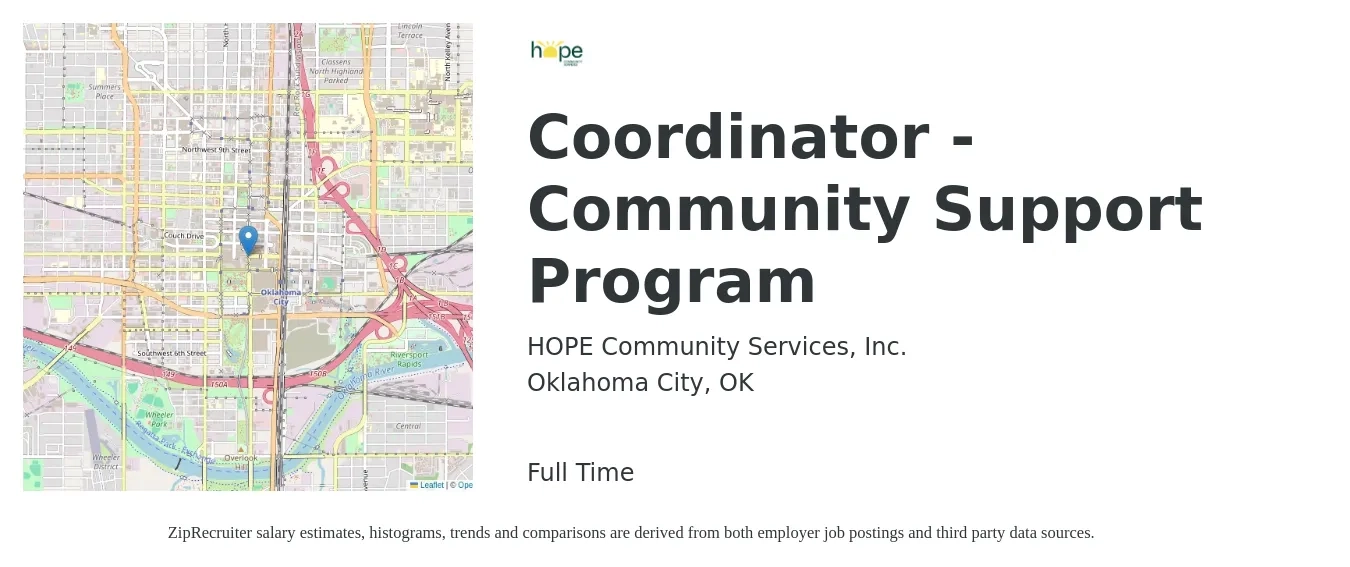 HOPE Community Services, Inc. job posting for a Coordinator - Community Support Program in Oklahoma City, OK with a salary of $45,760 Yearly with a map of Oklahoma City location.