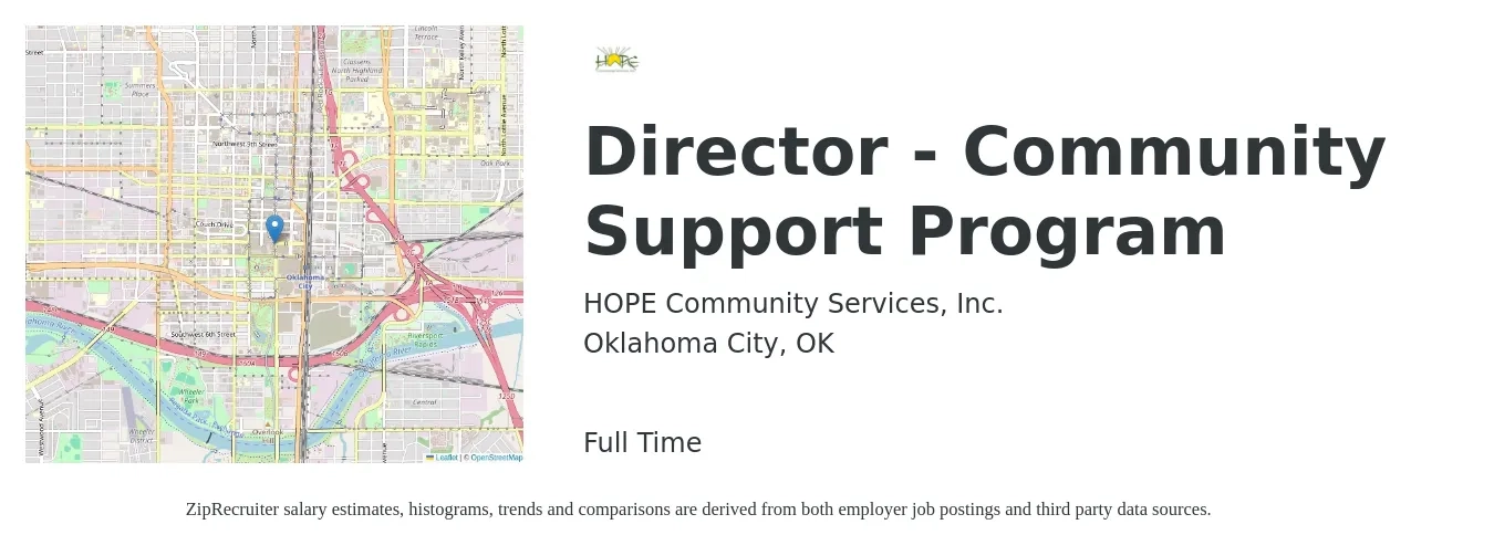 HOPE Community Services, Inc. job posting for a Director - Community Support Program in Oklahoma City, OK with a salary of $66,900 to $86,900 Yearly with a map of Oklahoma City location.