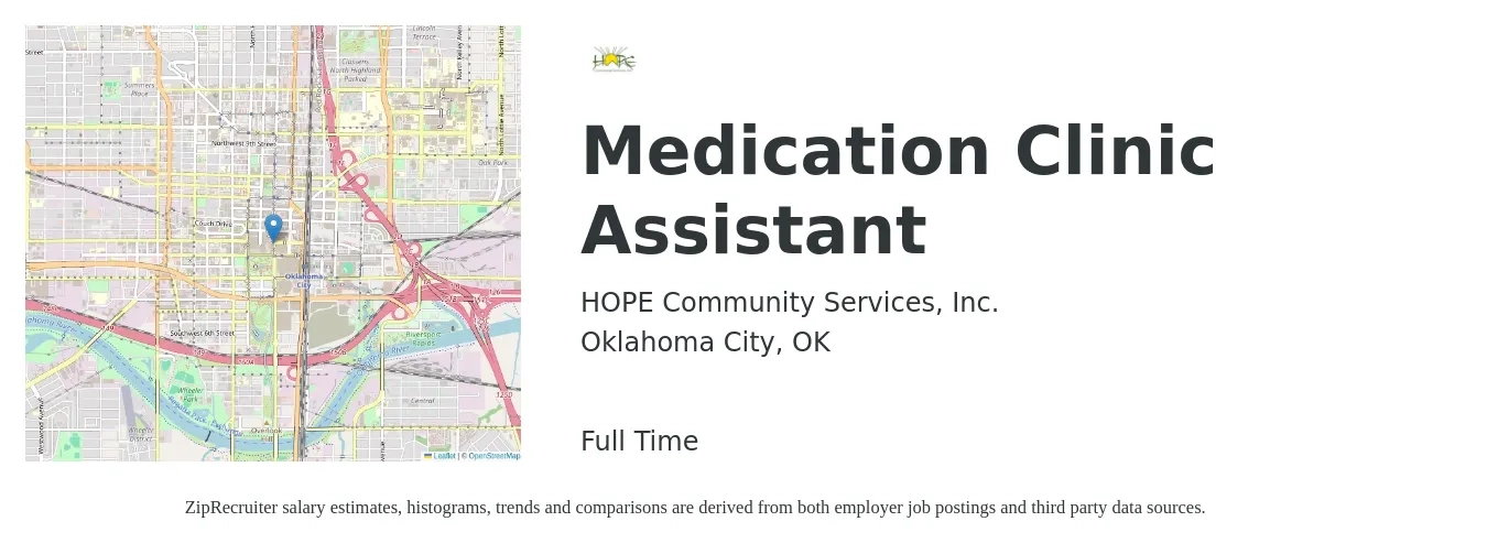 HOPE Community Services, Inc. job posting for a Medication Clinic Assistant in Oklahoma City, OK with a salary of $15 Hourly with a map of Oklahoma City location.