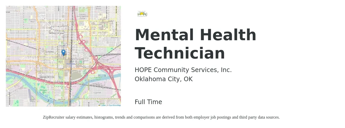HOPE Community Services, Inc. job posting for a Mental Health Technician in Oklahoma City, OK with a salary of $16 Hourly with a map of Oklahoma City location.