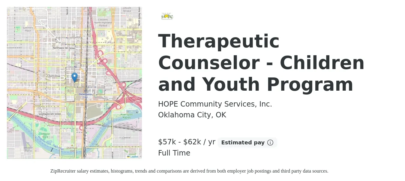 HOPE Community Services Inc job posting for a Therapeutic Counselor - Children and Youth Program in Oklahoma City, OK with a salary of $57,200 to $62,400 Yearly with a map of Oklahoma City location.
