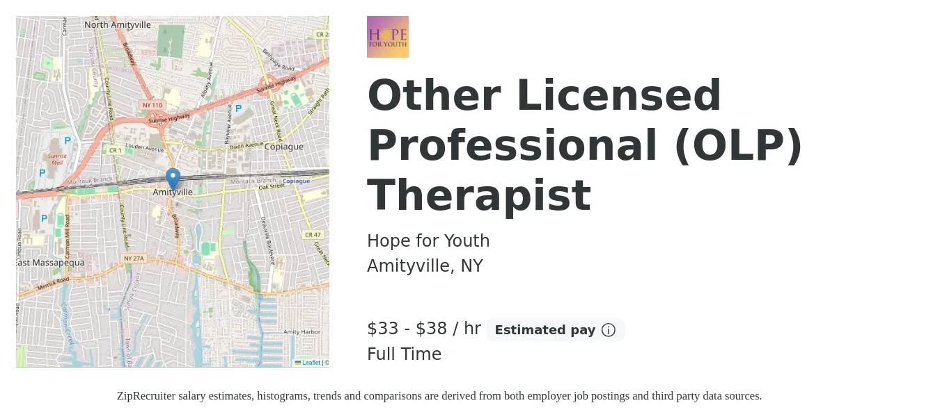 Hope for Youth job posting for a Other Licensed Professional (OLP) Therapist in Amityville, NY with a salary of $35 to $40 Hourly with a map of Amityville location.