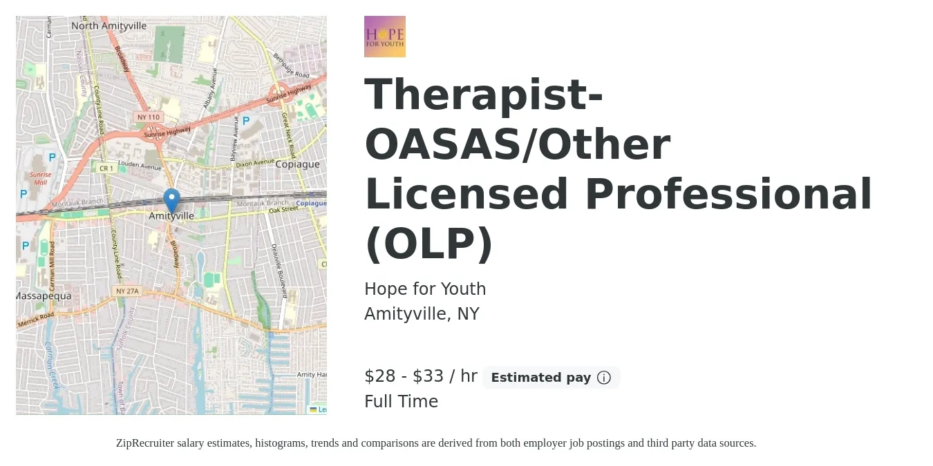 Hope for Youth job posting for a Therapist-OASAS/Other Licensed Professional (OLP) in Amityville, NY with a salary of $30 to $35 Hourly with a map of Amityville location.
