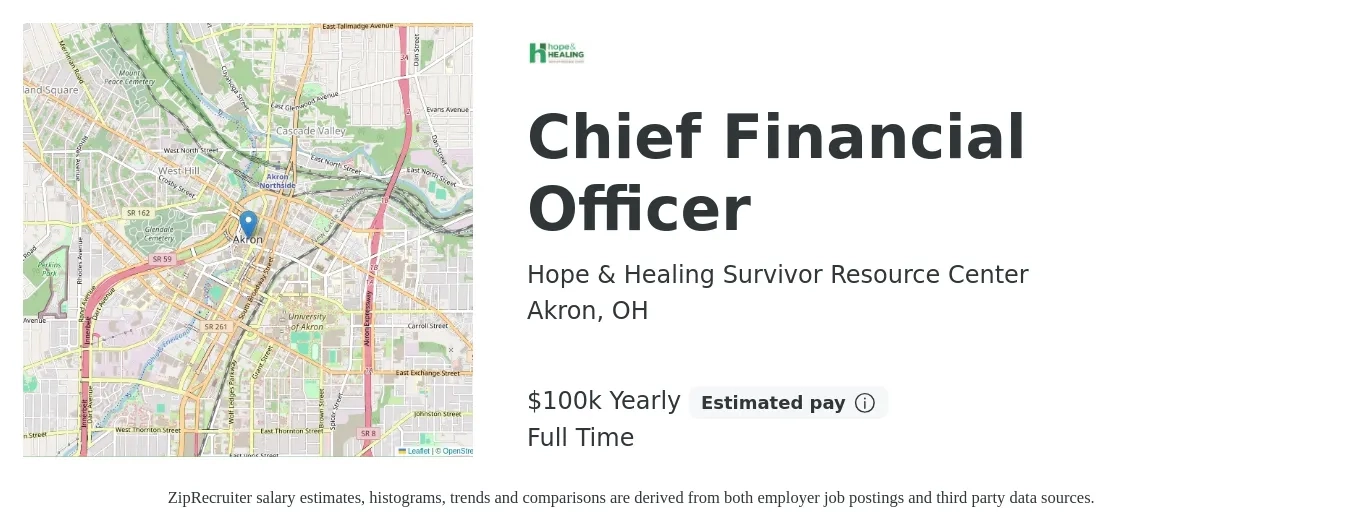 Hope & Healing Survivor Resource Center job posting for a Chief Financial Officer in Akron, OH with a salary of $100,000 Yearly with a map of Akron location.