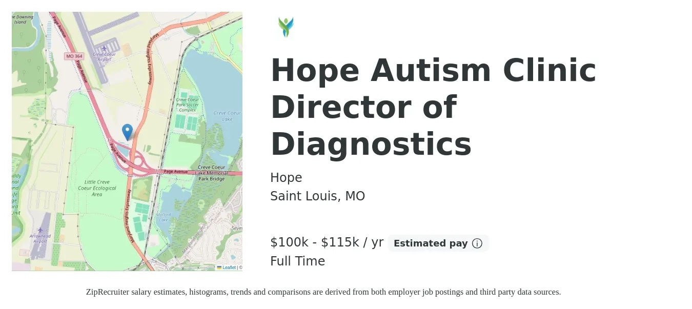 Hope job posting for a Hope Autism Clinic Director of Diagnostics in Saint Louis, MO with a salary of $100,000 to $115,000 Yearly with a map of Saint Louis location.
