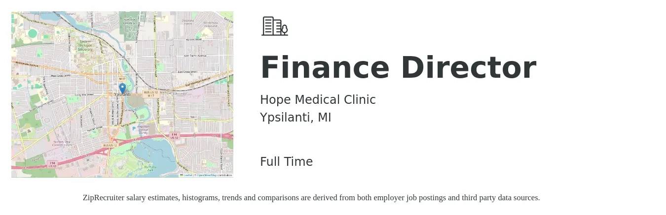 Hope Medical Clinic job posting for a Finance Director in Ypsilanti, MI with a salary of $90,900 to $138,300 Yearly with a map of Ypsilanti location.