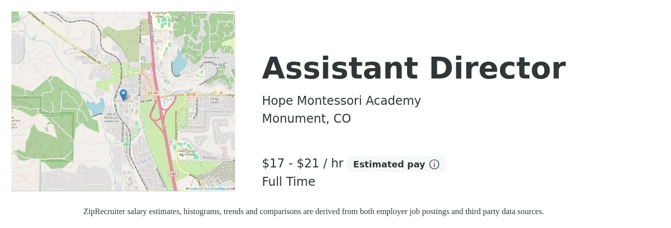 Hope Montessori Academy job posting for a Assistant Director in Monument, CO with a salary of $18 to $22 Hourly with a map of Monument location.