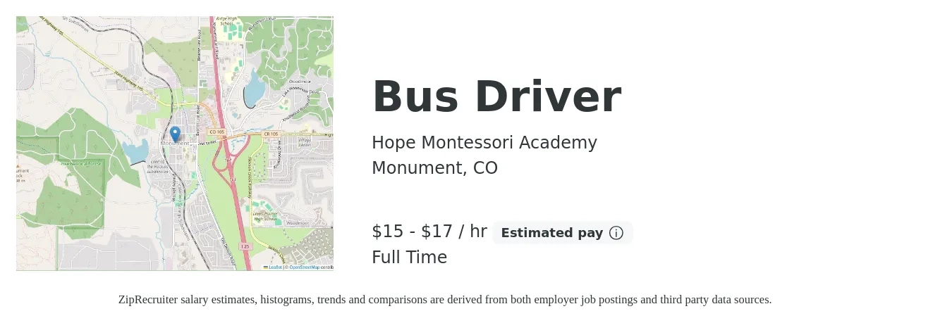 Hope Montessori Academy job posting for a Bus Driver in Monument, CO with a salary of $16 to $18 Hourly with a map of Monument location.