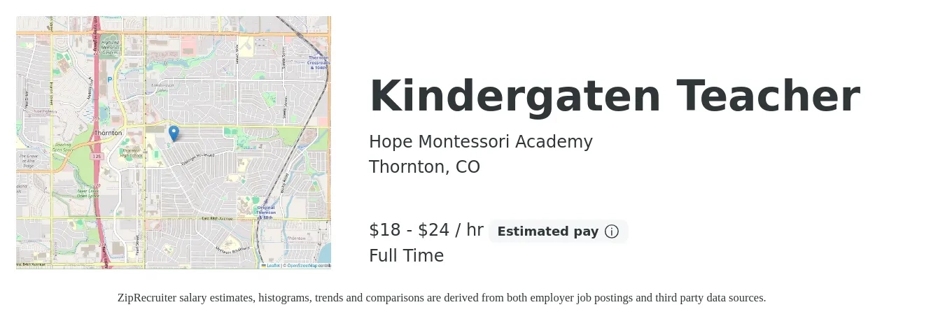 Hope Montessori Academy job posting for a Kindergaten Teacher in Thornton, CO with a salary of $19 to $25 Hourly with a map of Thornton location.